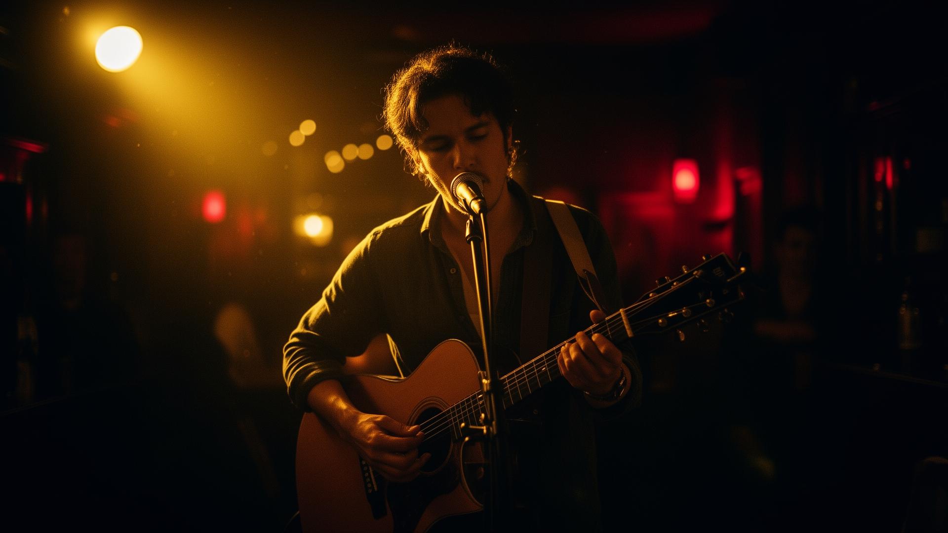 Músico tocando ao vivo em bar com luz dourada